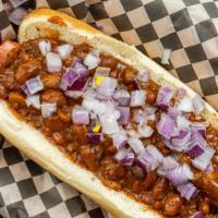 Chili Hound · Our Classic All Beef Hotdog, Covered in Chili and Diced Red Onions.