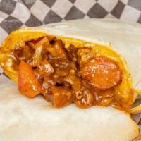 Mexi Hound · All Beef Hot Dog with Chili, Shredded Cheddar Cheese, Onions, Tomatoes wrapped in a Flour To...