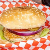 Turkey Burger · Turkey Patty with Lettuce, Onions, Tomatoes, Pickles, and Happy Sauce on a sesame seed bun