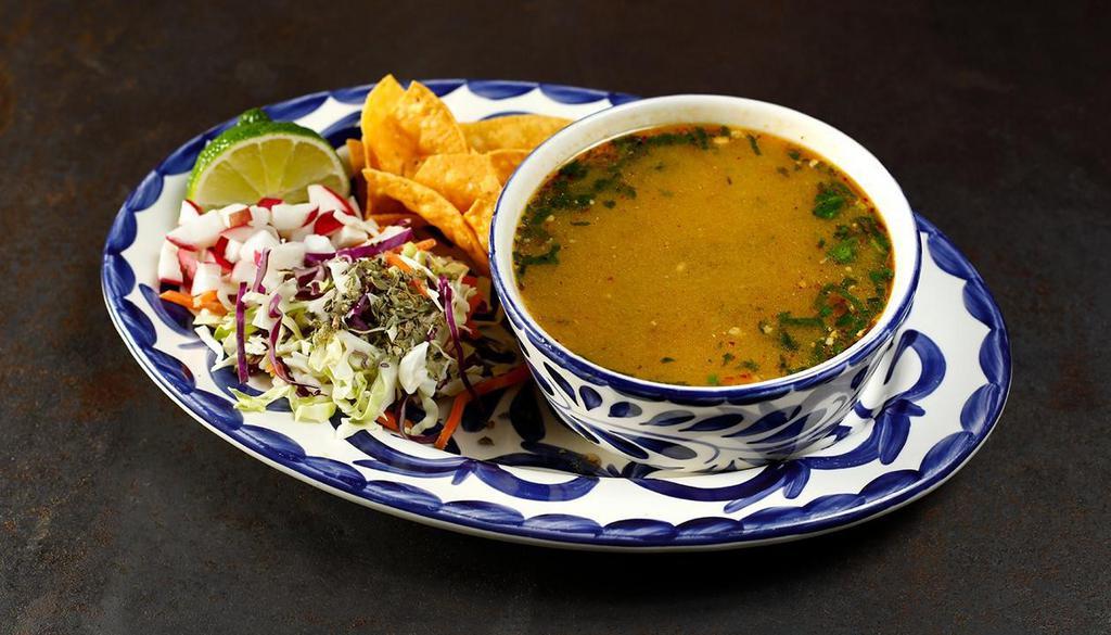 POZOLE VERDE · chicken and tomatillo soup, hominy, cabbage, radishes, oregano, lime