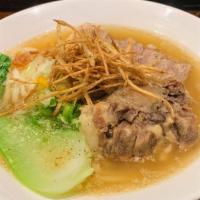 OxTail Udon · OxTail Broth, a chunk of OxTail Meat, Beef Chashu, Gobo (Burdock) Tempura, Boc Choy, Green O...