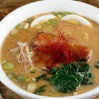 Tonkotsu-Shoyu Ramen · Braised pork, spinach, green onions, bean sprouts, soft boiled egg.
