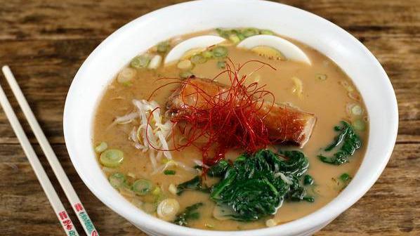 Tonkotsu-Shoyu Ramen · Braised pork, spinach, green onions, bean sprouts, soft boiled egg.