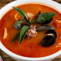 Zen Noodle Soup · Gluten-free. Coconut based sambal broth, calamari, shrimp, black mussels, basil.