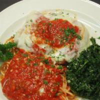 Veal Parmigiana · Lightly breaded veal flamed in Marsala wine, layered with marinara & mozzarella, with spaghe...
