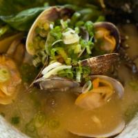 Clam Ramen · Seafood & pork based soup with a lot of Fresh Clams, Wakame, kikurage, Egg, Green onion.
