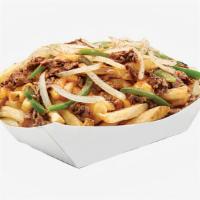 Philly Fries · French fries topped with chopped steak, caramelized onions, sautéed bell peppers and shredde...