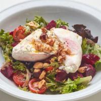 Burrata Cheese · With mixed greens, beets, tomatoes and crushed hazelnuts with extra-virgin olive oil, vinega...