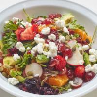 Mixed Greens Salad with Goat Cheese · With avocado, strawberries, oranges, grapes, dried cranberries, pepitas seeds and mustard-di...