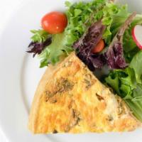 Quiche · Served with a side of mixed  greens and tomatoes. Lorraine (bacon & onion) or spinach and mu...