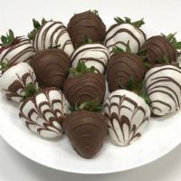 Dozen B&W Strawberries · One Dozen Strawberries, 6 White chocolate with Swirl & 6 milk Chocolate w/ Chocolate Drizzle