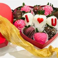 I Love U Strawberries + Rose bud box · Beautifully Crafted, 12 fresh Chocolate dipped strawberries. with I Love U letters on strawb...