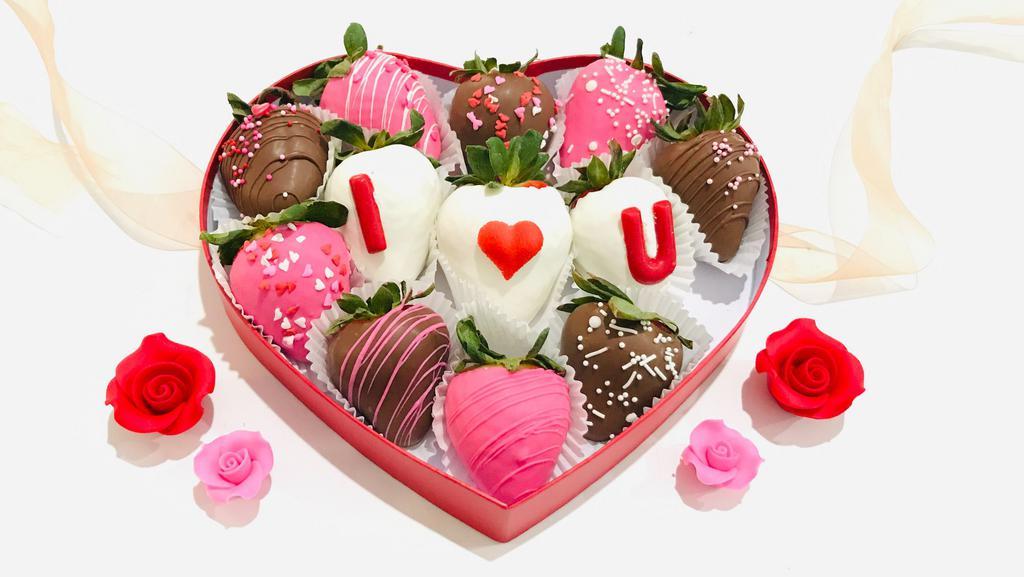 I Love U Strawberries · Beautifully Crafted, 12 fresh Chocolate dipped strawberries. with I Love U letters on strawberries. Add 
 Red Heart shaped box to make it Very special .