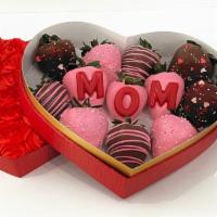 MOM Strawberry + Rose Bud heart box · 12 fresh strawberries, dipped in milk and pink chocolate with chocolate letters M O M, drizz...