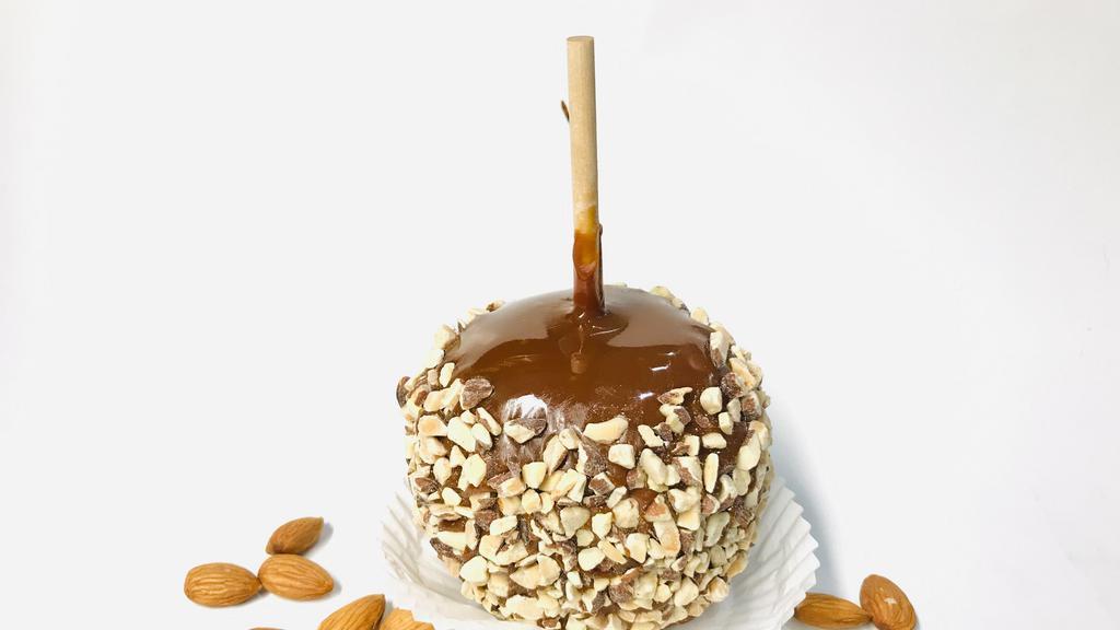 Caramel Apple w/Almonds · Caramel apple rolled with Almond pieces.