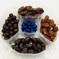 Chocolate and Nuts Gift Tray · 5 variety of , Praline Pecan, chocolate  Pretzel, Dark chocolate Cashews, Dark chocolate Haz...