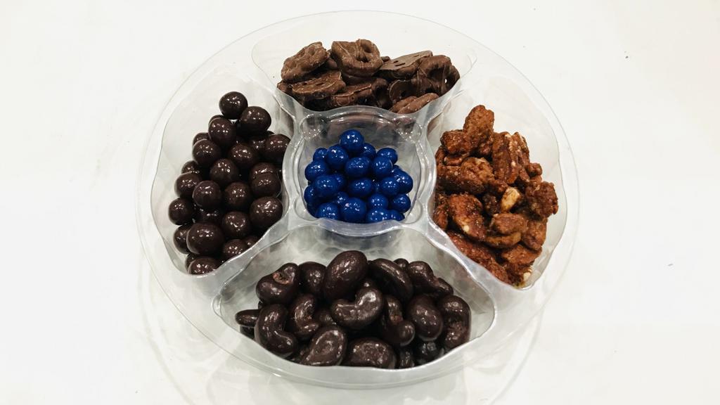 Chocolate and Nuts Gift Tray · 5 variety of , Praline Pecan, chocolate  Pretzel, Dark chocolate Cashews, Dark chocolate Hazelnuts and Chocolate covered blueberries.