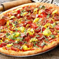 Aveiro Pizza (Huge) · New! Portuguese linguica, smoked bacon, pepperoncini, roasted red peppers, tomato sauce, moz...