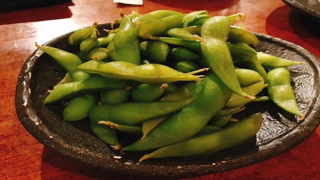 Edamame　枝豆 · lightly salted boiled soy beans. Chilled.