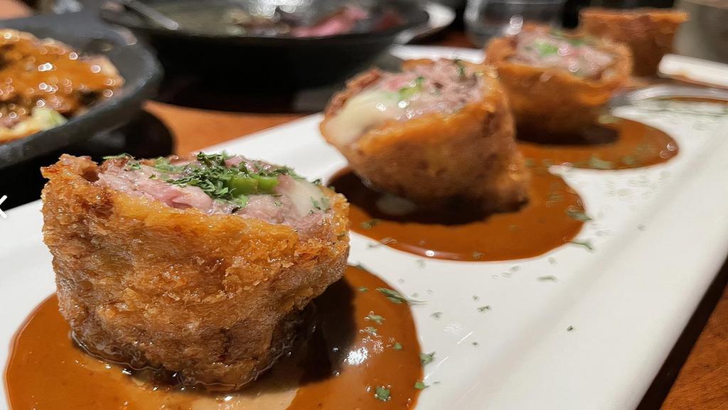 Gyuu Maki 牛肉とアスパラのチーズ巻揚げ · panko crusted beef rolls with asparagus, cheese & hatcho miso sauce