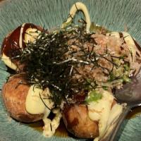 Sake Potato Age 鮭のポテト揚げ、たこ焼き風 · deep fried salmon potato puffs, takoyaki style