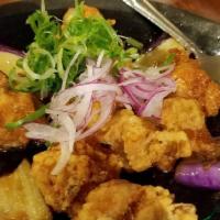 Tori Nasu Garlic Chicken 鶏と茄子唐揚げ　甘酢ガーリックマリネ · chicken and eggplant with garlic-vinaigrette sauce.