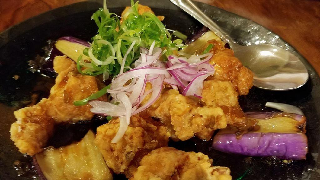 Tori Nasu Garlic Chicken 鶏と茄子唐揚げ　甘酢ガーリックマリネ · chicken and eggplant with garlic-vinaigrette sauce.