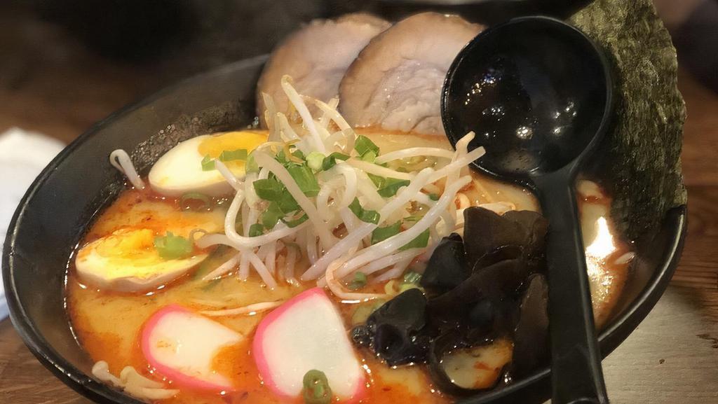 Tonkotsu Ramen (Creamy Pork Soup Base) · Roasted pork, boiled egg, kikurage mushroom, bamboo shoots, green onion, sprouts, fish cake.