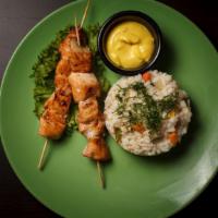 Chicken Kebab Plate · Fresh cut chicken, skewered and seasoned with Greek spices, cooked over open flame served wi...