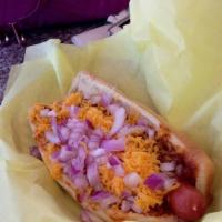 Chili Dog · diced onion, melted cheese
