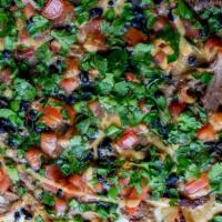 El Presidente · Garlic sauce, carnitas, black beans, tomatoes, green onions, finished with cilantro and oran...