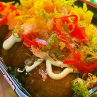 Takoyaki (6) · Deep-fried, dough and bits of octopus, topped with mayo, tonkatsu sauce, green onion, pickle...