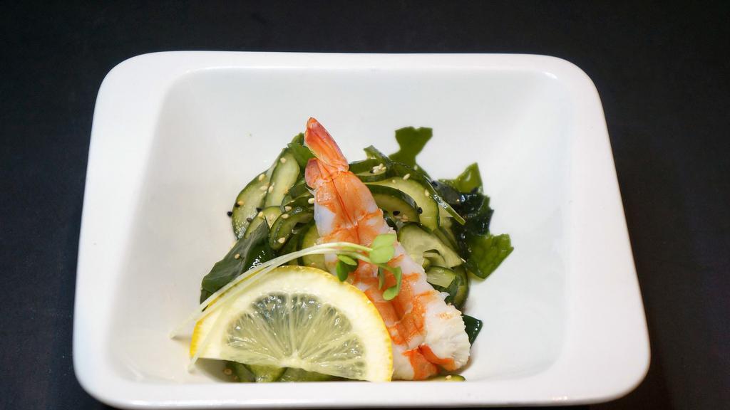 Ebi Sunomono · Chilled shrimp with seaweed and pickled cucumber.