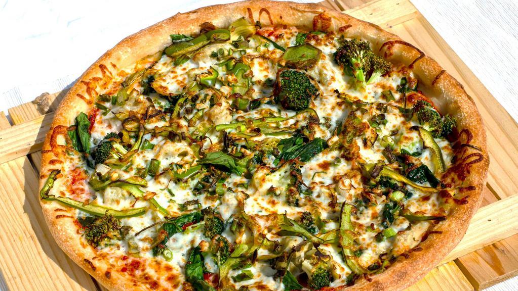 All Green Pizza · Green onions, bell peppers, garlic, artichoke, broccoli, spinach, marinara sauce, and mozzarella cheese.