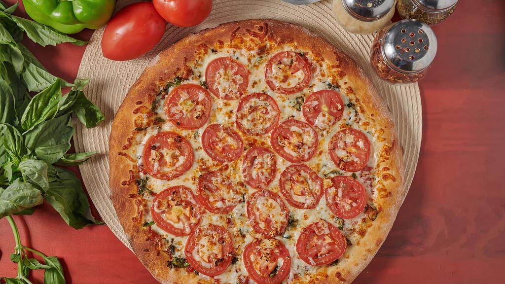 Margherita Pizza · Garlic, tomatoes, basil, marinara sauce, and cheese.