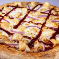BBQ Chicken Gourmet Pizza · Bacon, chicken, pineapple, barbeque sauce, and mozzarella cheese.