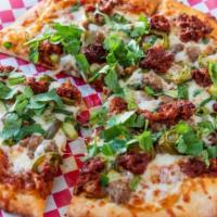 Mexican Style Gourmet Pizza · Sausage, ham, linguica, green onions, cilantro, jalapenos, pineapple, marinara sauce, and mo...