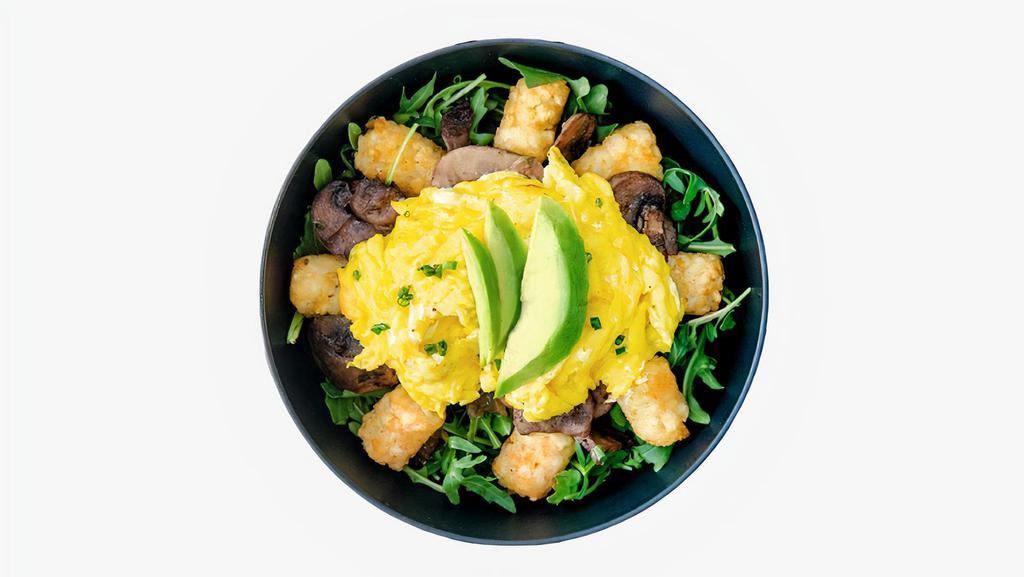 Egg, Avocado & Mushroom B*tches Bowl · Bowl with two eggs scrambled, avocado, sauteed mushroom, crispy potatoes, caramelized onions over arugula.