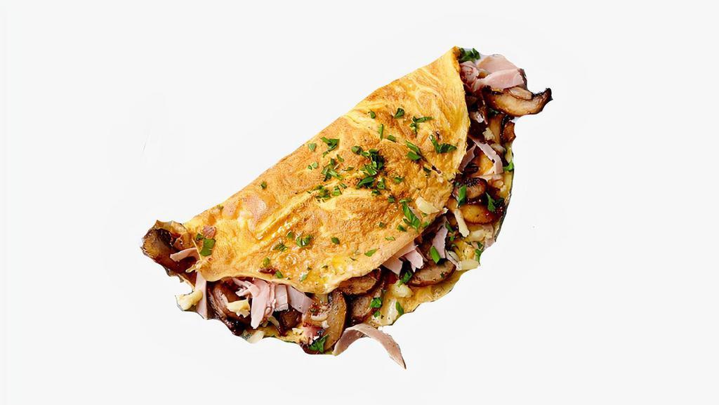 Ham & Cheese B*tches Omelette · Three-egg omelette with ham, mushrooms, diced onion, and your choice of cheese. Served with your choice of side.