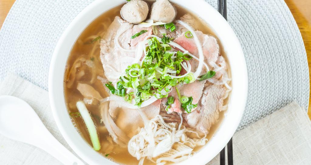 4. Pho Dac Biet · Combination rice noodle soup, thin sliced beef, flank, tendon, and beef balls.