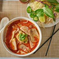 20. Bun Bo Hue · Spicy beef noodle soup, beef brisket, sliced pork, pork blood, Vietnamese ham, and lemongrass.