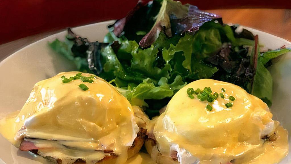 The Grove Eggs Benedict · two poached eggs, toasted english muffin, lemon hollandaise, chives; with crispy golden rosemary hashbrowns or organic baby lettuces