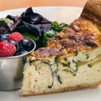 Savory Deep Dish Quiche · baked in a house-made buttery pie crust; with a organic baby lettuces, with a side of organi...