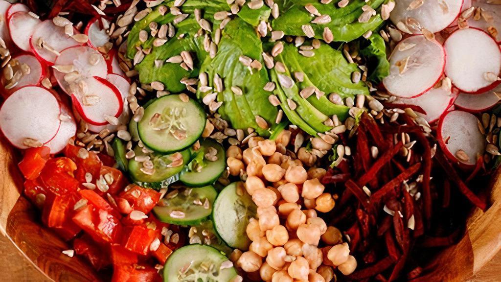 Berkeley Bowl · organic baby lettuces, avocado, tomatoes, sliced radishes, shredded beets, chickpeas, sunflower seeds, creamy green goddess dressing