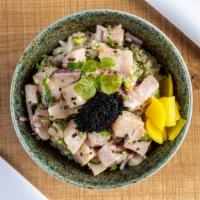 Yuzu Hamachi Bowl · Hamachi, cilantro, togarashi, sesame seeds, Hawaiian sea salt, red onions, and green onions ...