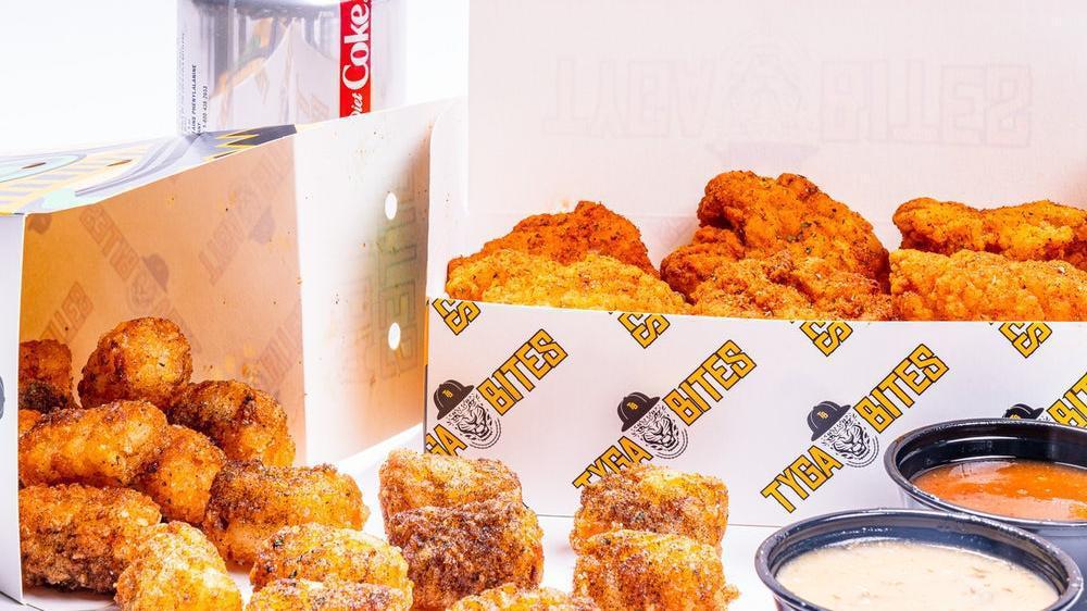 Rolling Solo Pack · 8 pieces of oven baked crispy chicken bites seasoned with your choice of dust & served with your choice of 2 dips, and order of tater tots & a soft drink.