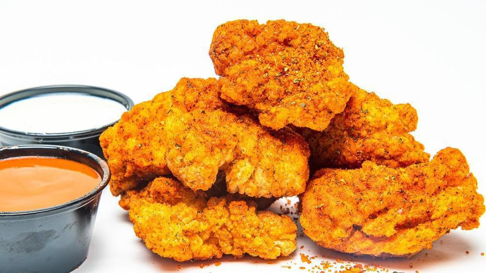 8 Bites · 8 pieces of oven baked crispy chicken bites seasoned with your choice of dust and served with your choice of 2 dips.