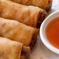 Fried Vegetarian Spring Rolls (4 Pieces) · Deep Fried Spring Rolls with Vegetable inside. Served with Sweet and Sour Sauce (4 Pieces)