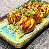Takoyaki (6 Pieces) · 6 pieces Deep fried Tako ball with seaweed, bonito flakes, spicy mayo and tonkatsu sauce (6 ...