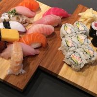 Sushi Uma Combo · Served with Miso Soup, Chef Choice for Nigiri (12 Pieces) Tuna Maki (6 Pieces) and Californi...
